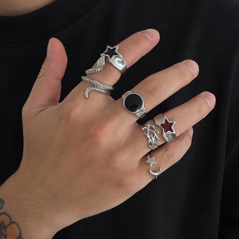 6Pcs/Set Fashion Creative Irregular Snake Stars Open Rings For Men Goth Adjustable Knuckle Ring Jewelry