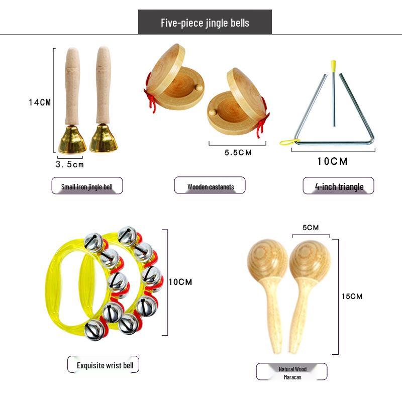 Children's Orff Percussion Instruments: Triangle, Castanets, Maracas, Tambourine, Wood Block, Cymbals