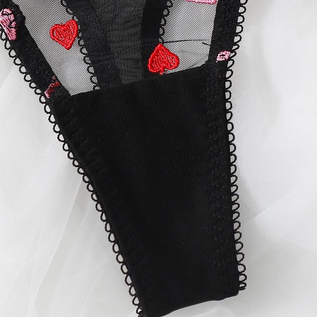 European & American Style Heart Embroidered Sheer Black Mesh Lingerie Set