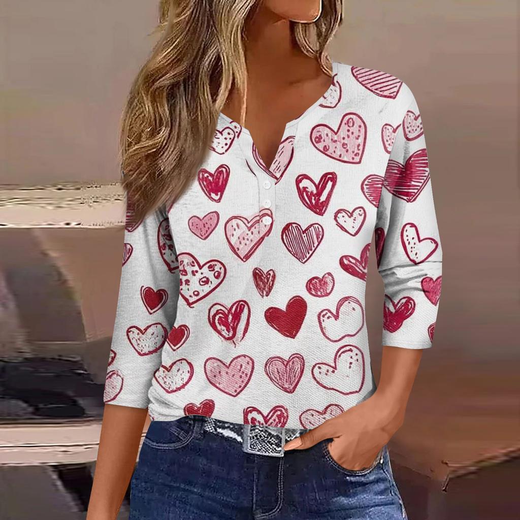 Damen Kragen Valentinstag Print Kurzarm T-Shirt Top