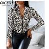 QICED Women's Fashion Casual Solid Color Print Long Sleeve POLO Neck Blouses & Shirts