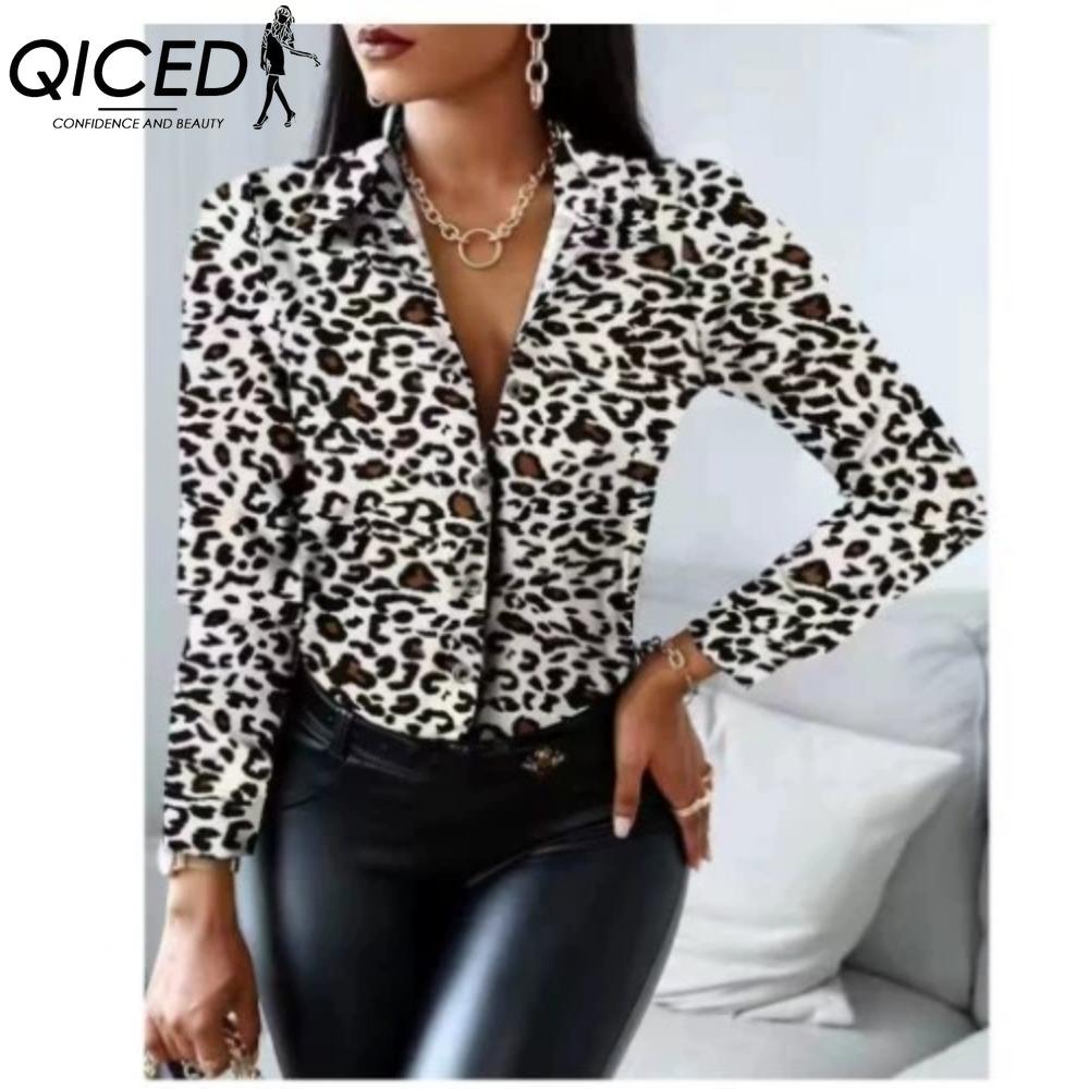 QICED Women's Fashion Casual Solid Color Print Long Sleeve POLO Neck Blouses & Shirts
