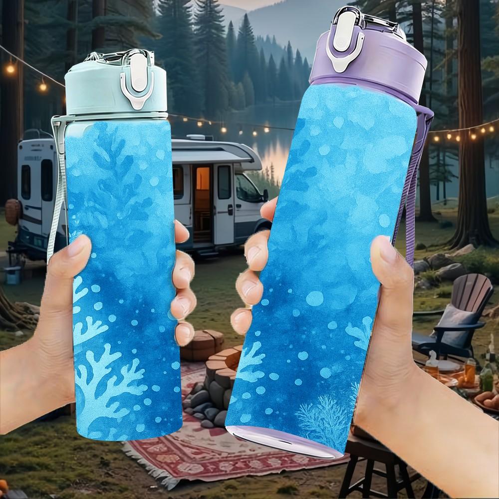 1PC Blue Frost Ice Crystal Texture Print 750ml Color Plastic Sports Water Bottle Leakproof Flip Straw Lid Suitable for Sports Office Home Use