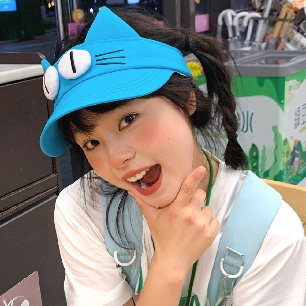 Adorable Kitty Hollow Hat Sun Protection Cat Ears Sun Hat Fashion Big Eyes Cat Visor Cap  Outdoor