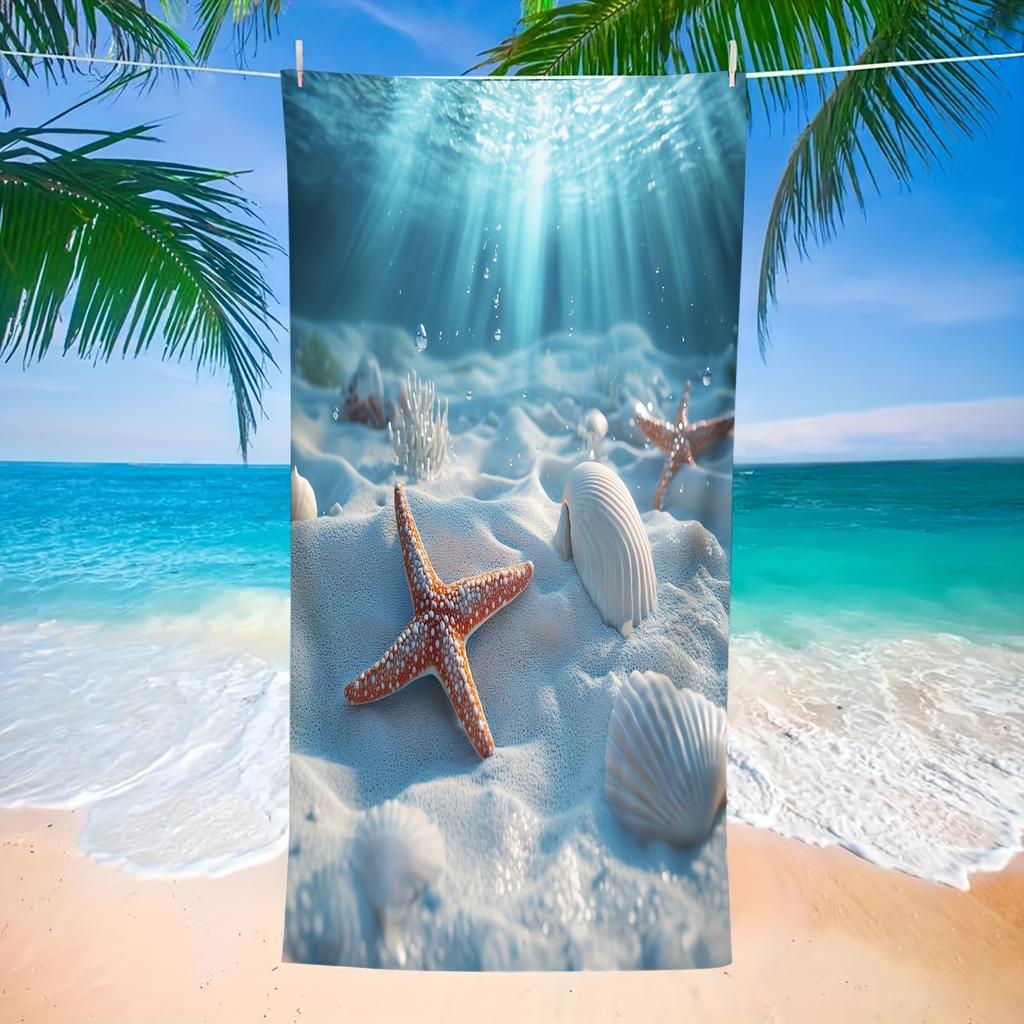 Beach Towel 70x140cm Ultra Absorbent Microfiber with 3D Underwater Scene: Starfish, Shells & Sun Rays on Sandy Seabed
