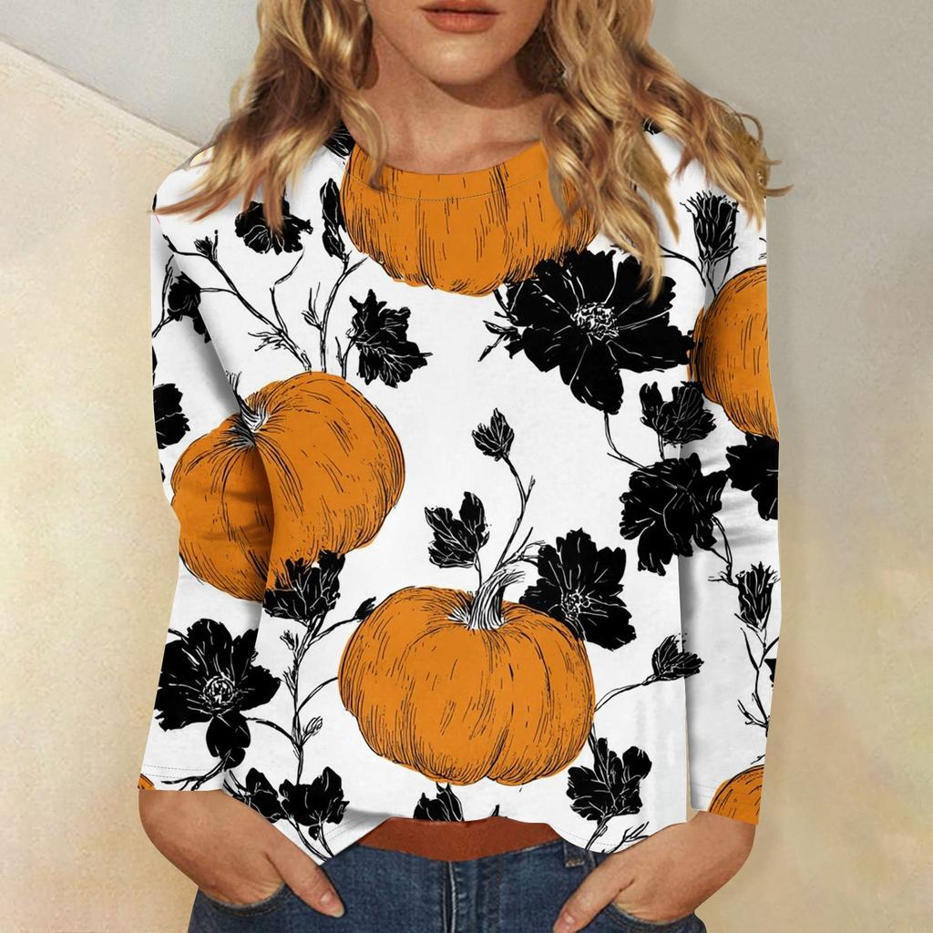 Women's long-sleeved loose-necked Halloween print casual top, suitable for holiday parties