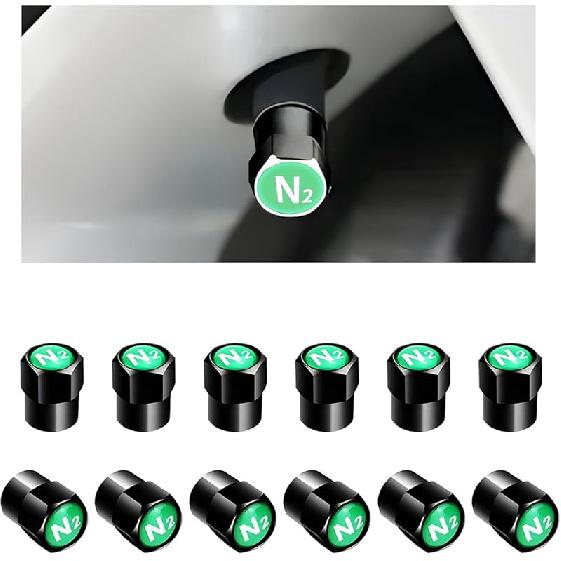 

12 PCS N2 Car Tire Valve Stem Caps, Metal Nitrogen Sign Automotive Wheel Valve Stem Protector, Dustproof Vehicle Air Valve Covers, Universal for Black/Green
