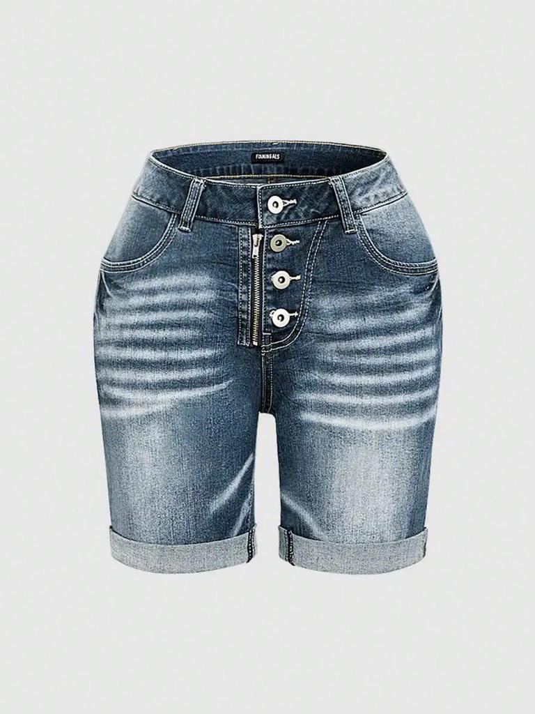 Europäische und amerikanische Retro-Denim-Radshorts mit Aufschlagdesign und Knopfleiste