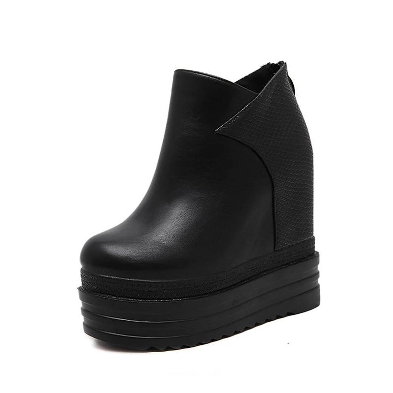 Dames Platform Sleehak Laarzen Zwart Herfst Enkellaarsjes voor Dames Super Hoge Hakken Dames Leren Schoenen Rits aan de Achterkant Kort Botas 34 black