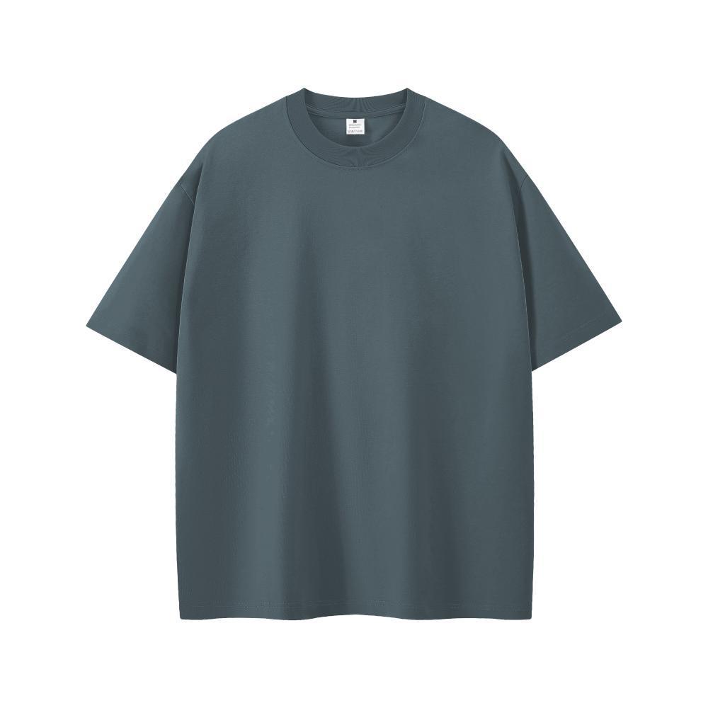 Men's Oversized Round Neck Logo T-Shirt - Solid Color, Drop Shoulder, Pure Cotton, European Size 200g