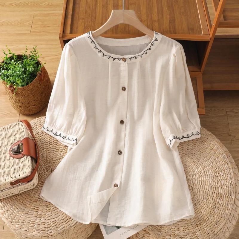 

Женская летняя тонкая повседневная хлопково-льняная рубашка с коротким рукавом, вышитая, с круглым вырезом, улучшающая возраст, темпераментная M бежевый