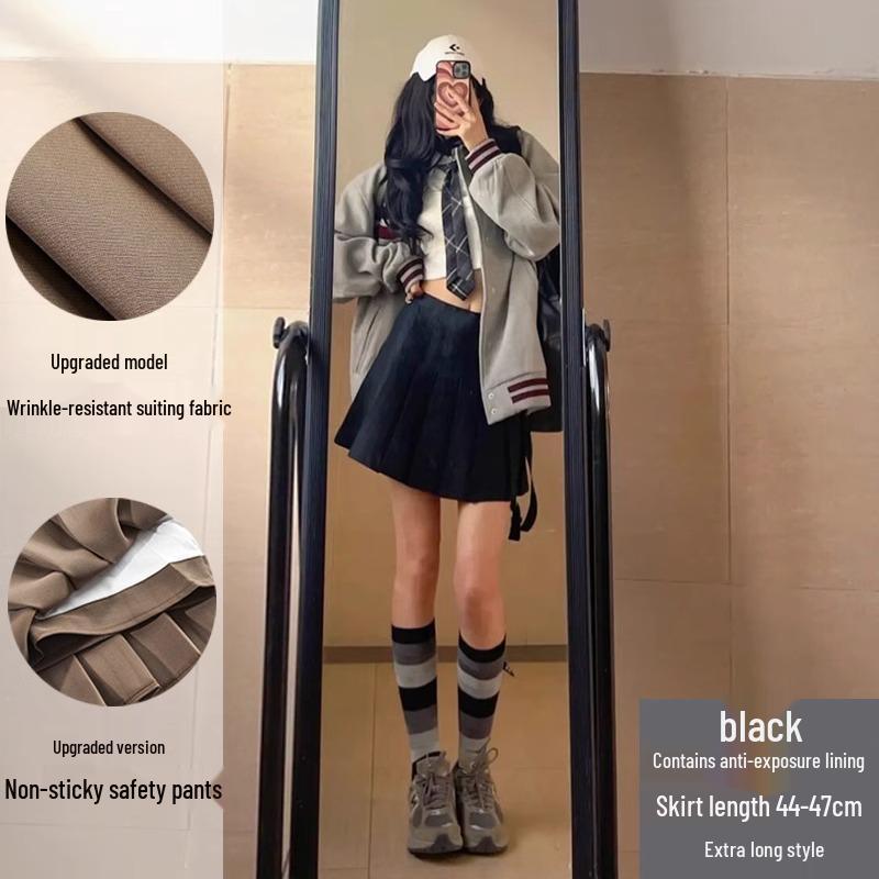 Women's High Waist Dark Gray Wool Plaid Pleated Skirt - Slimming Spring/Autumn 2026 Collection, JK Short Skirt