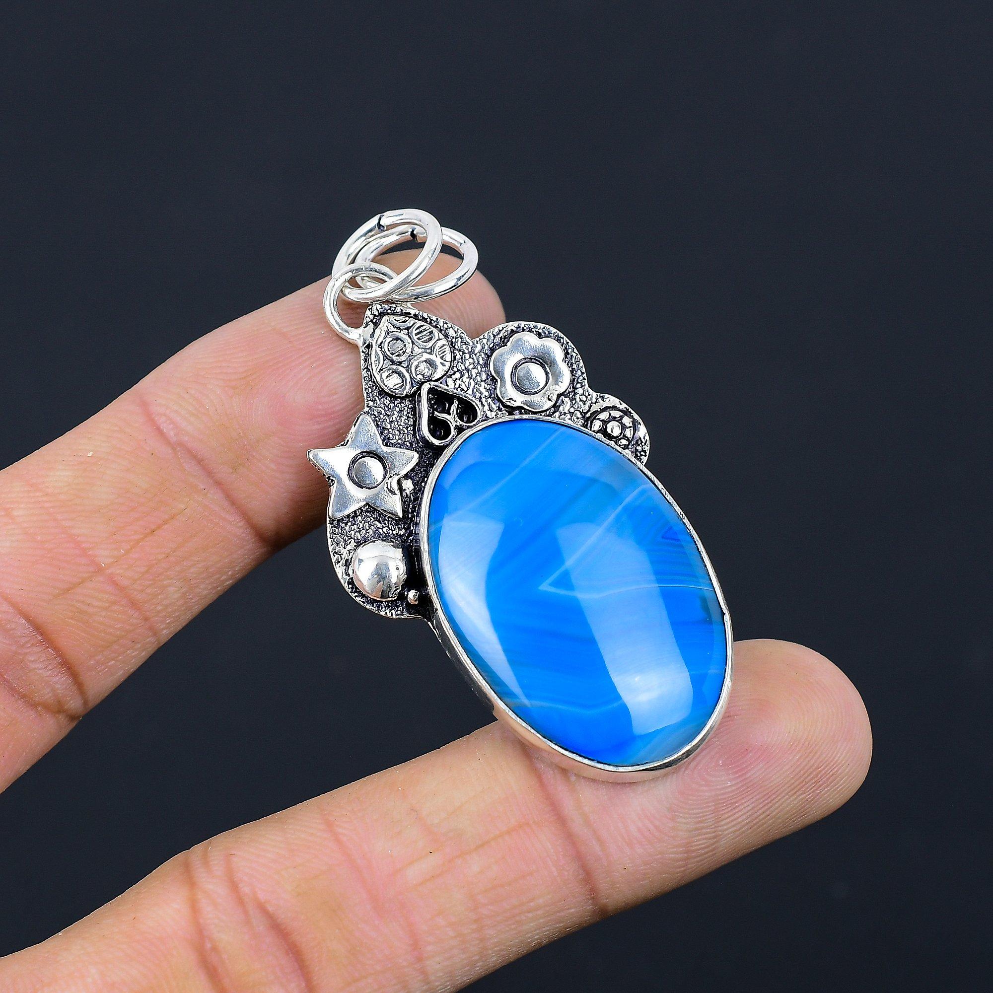 

Sisters Day Sale Blue Botswana Agate Gemstone Sterling Silver Ethnic New Pendant