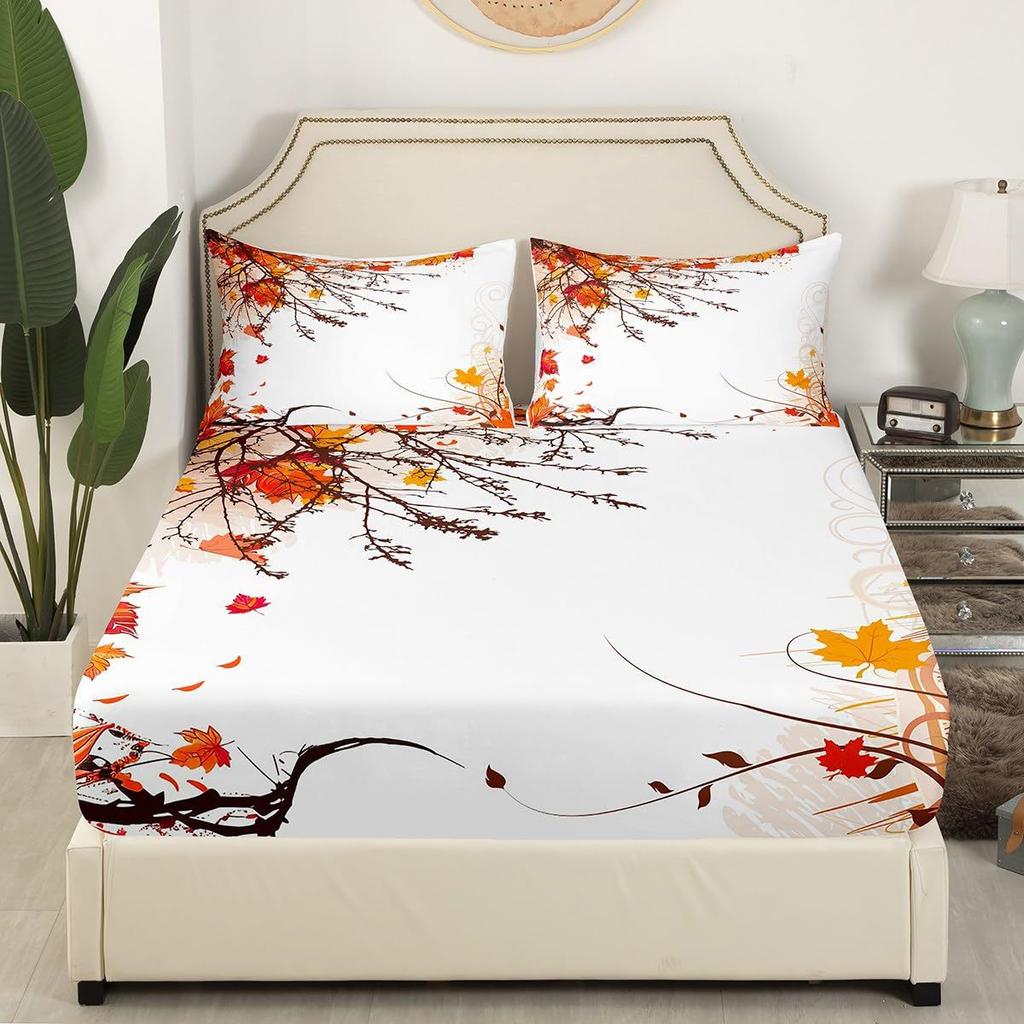 Autumn Maple Branch Pattern Bed Hat Three-Piece Digital Printing Bedding Bed Hat Three-Piece Set Children And Adults