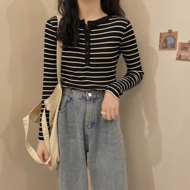 

Striped Knitwear Long Sleeve Slimming Top for Women - 2024 Spring & Autumn Collection XL (suggested 120-130 jin) чёрный