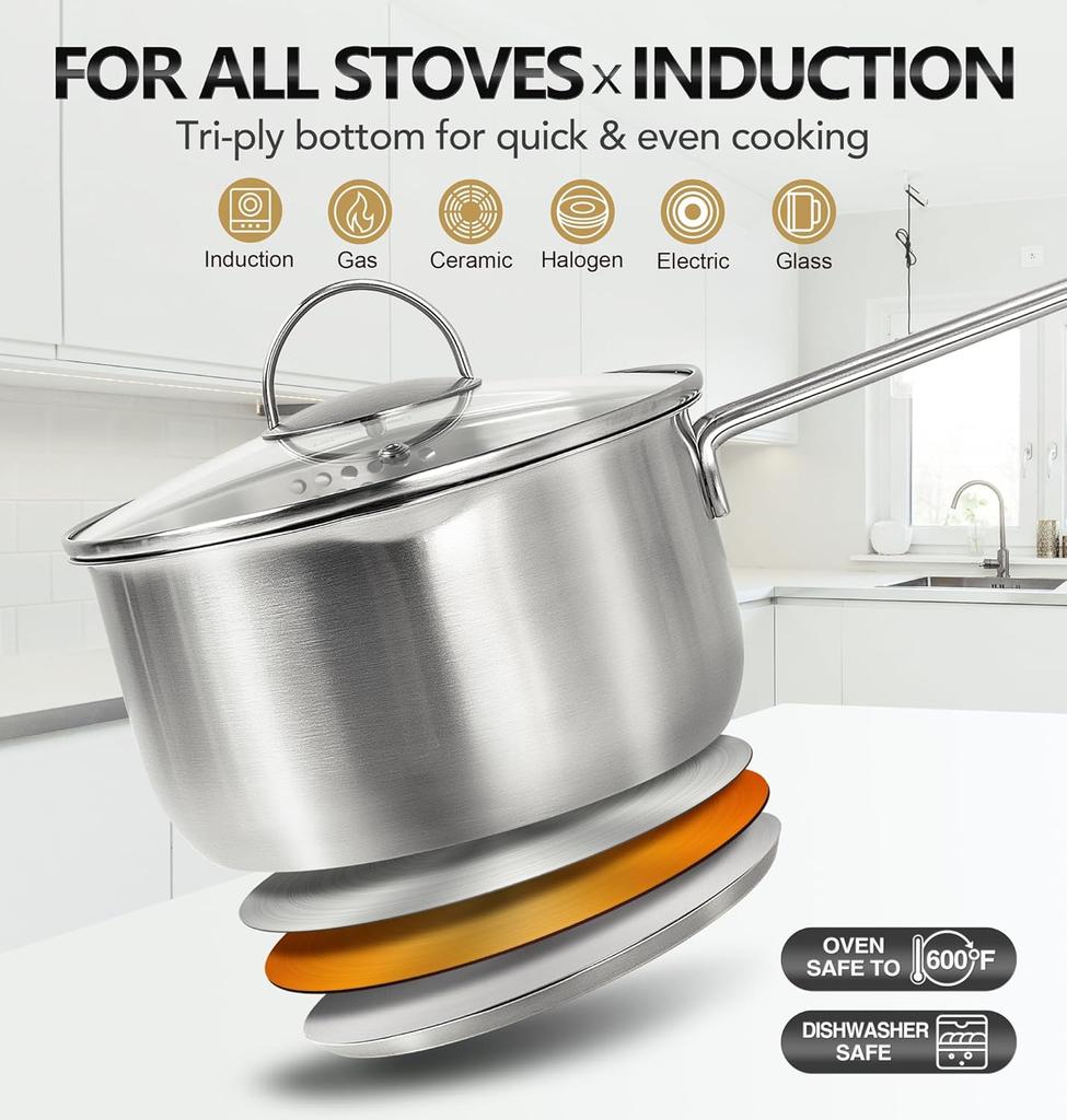 MICHELANGELO Stainless Steel Wire Handle Milk Pot/Cooking Pot 1Qt/2Qt/3Qt Three-layer Base Stainless Steel Pot Dishwasher-safe