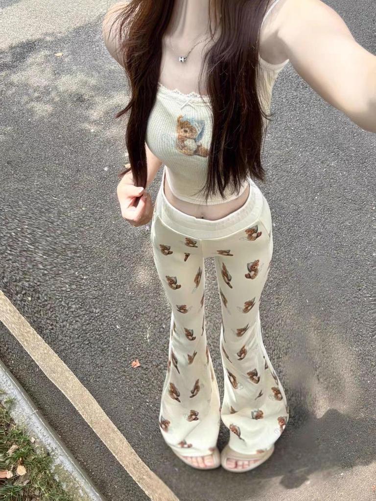 "Girls' Pure Desire Bear Print Suspender Pajama Set with Chest Pad - Summer Slim Fit Vest and Shorts"