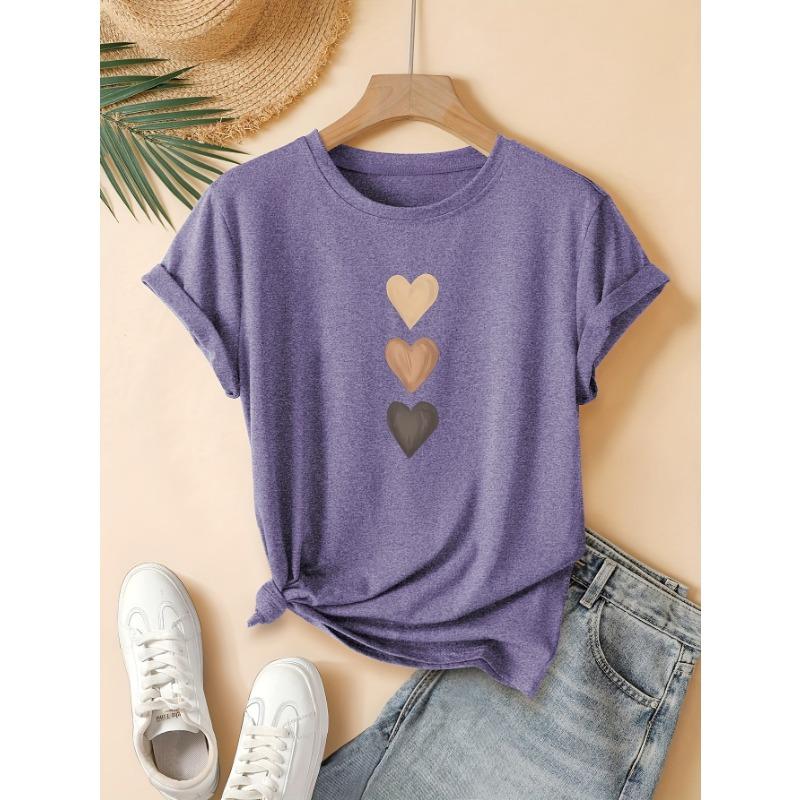 Three Heart-shaped Printed Fashionable Retro Style Women's Summer Casual Sports Style Top Round Neck Short Sleeved T-shirt Deep Space Gray