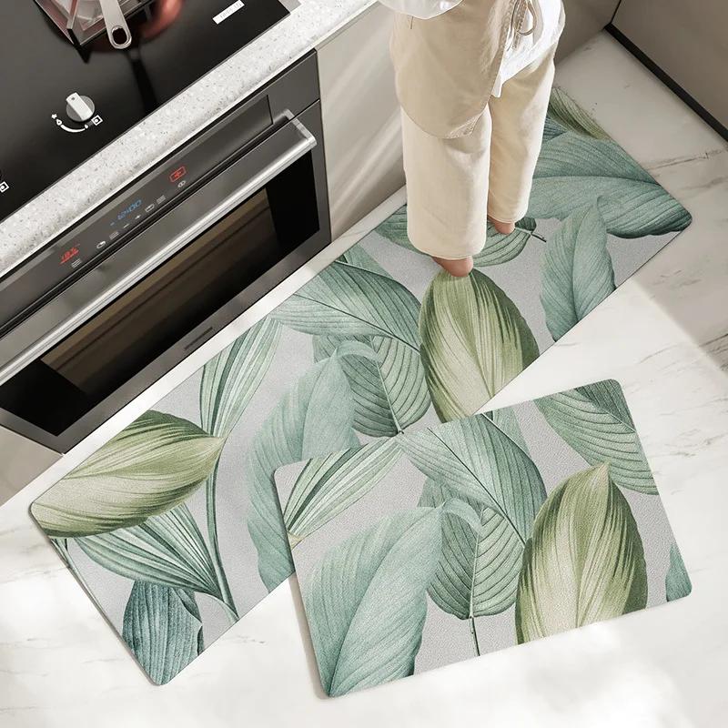 Fiber Leather Natural Rubber Kitchen Floor Mat, Soft Q-elastic Long Kitchen Mats Absorbs Water, Oil and Non-slip Foot Pads