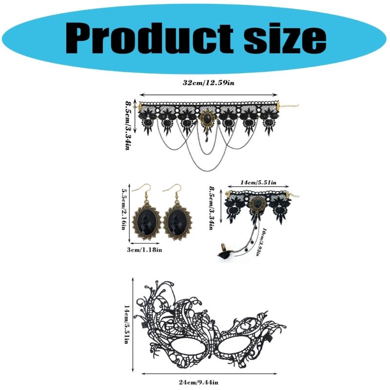 Gothic Lace Choker Necklace Bracelet Earrings Mask Eyemask Halloween Costume Accessories Jewelry for Women Girls Gift