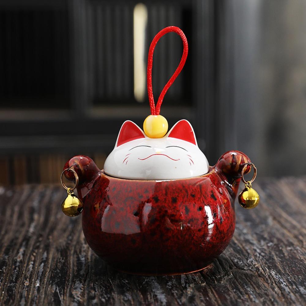 Lucky Cat Tea Sealed Jar Cartoon Decorative Jar Tea Storage Box  Desktop Decoration Red S