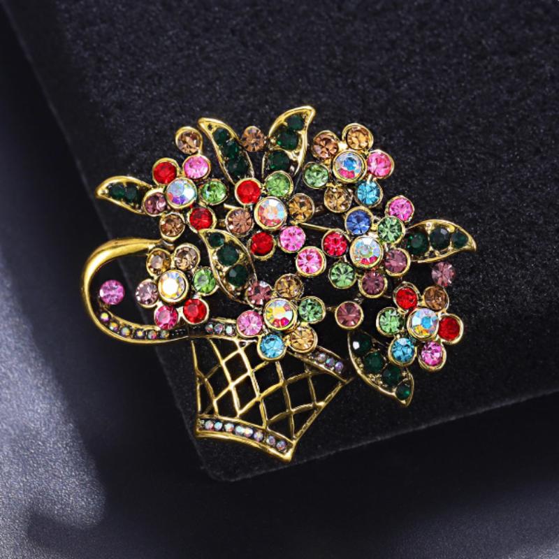 

Vintage Colored Rhinestone Flower Basket Brooches Women Beauty Sparkling Flower Brooch Wedding Party Banquet Casual Jewelry Gift onesize