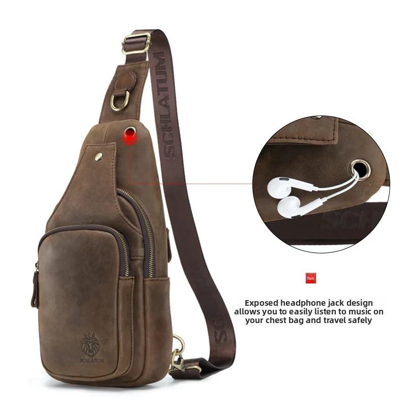 Men's Real Leather Chest Bag Brand Designer Crossbody Sling Backpack Waterproof for Hiking Mountaineering Travel