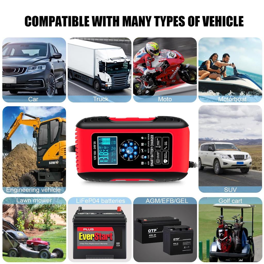 10 A 12/24 V Blei-Säure-Batterieladegeräte für Autos, Motorräder und Elektrofahrzeuge, 7-stufiges Batterieladegerät, Blitzlichtanzeige, praktisches Batterieladegerät