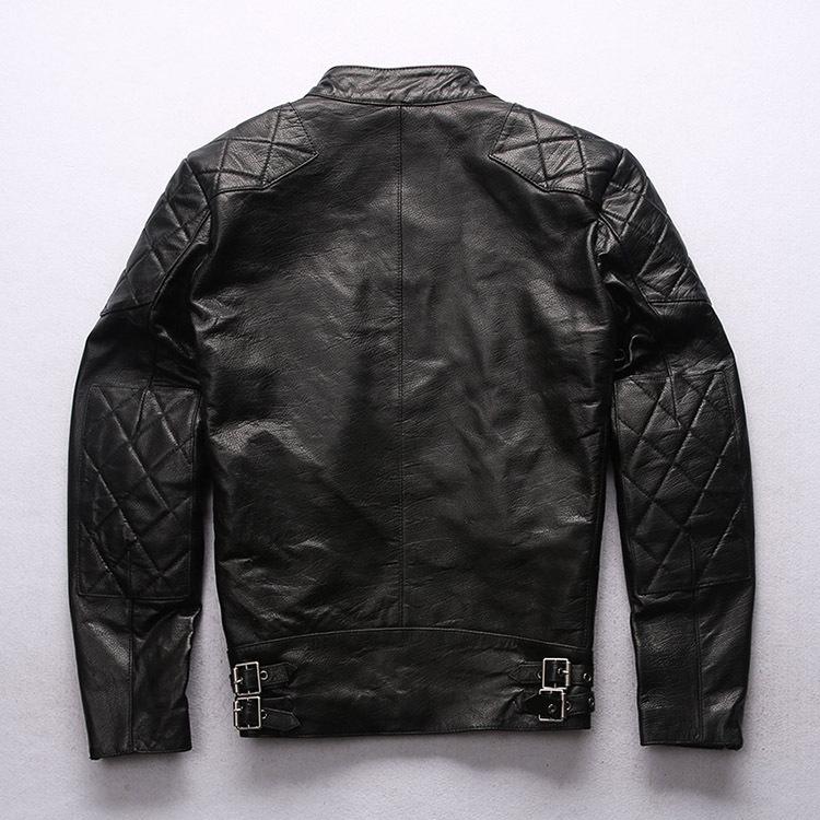 Męska kurtka ze skóry owczej, Kołnierz stojący, Skośny wzór rombów, Swobodny styl motocyklowy