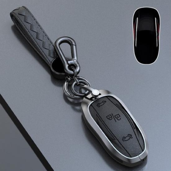 Zinc Alloy Leather Car Remote Key Fob Case Cover Bag For Tesla Model X 2016-2020
