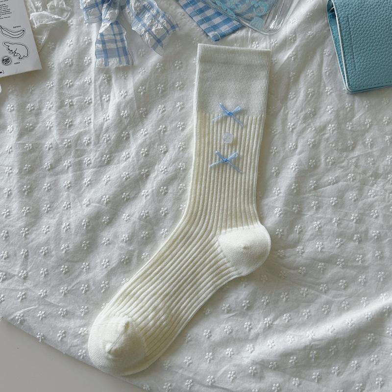 Ballet Style Solid Color Bow Mid Tube Socks Summer Cotton Lightweight Breathable Fashionable Soft Comfortable Casual Women Socks