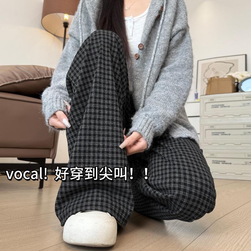Retro Plaid Pants Women's Autumn New High-waisted Pendant Casual Small Loose and Lazy Wide-leg Pants