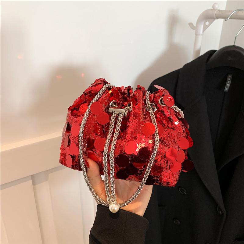 Shiny Fringe Sequin Evening Street Fashion Pu Bucket Bag 2024 New Trendy Chic Drawstring Large Capacity Stylish Handbag