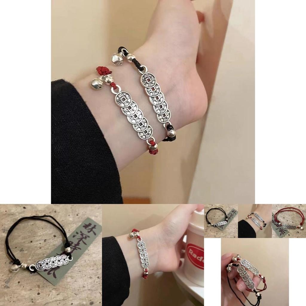 Chic Red Rope Bracelet With Five Emperor Coins Alloy Unisex Gift Winter 2023