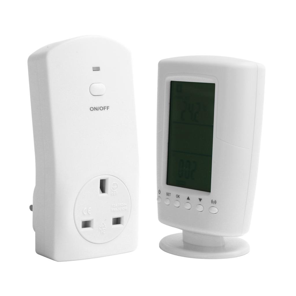 LCD Temperature Controller with Backlight Wireless Remote Programmable Thermostat SocketUK 250V 13A