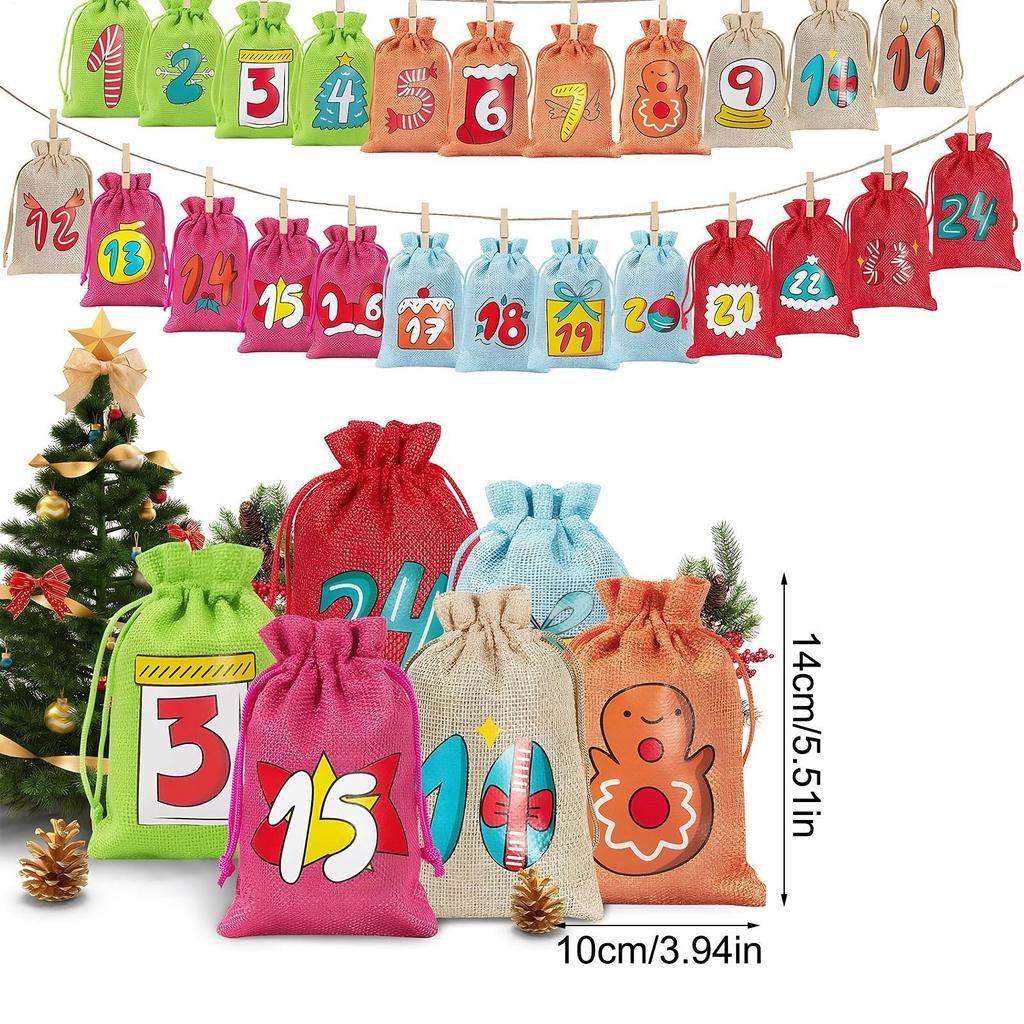 Leere Kalender Adventsbeutel Weihnachten Countdown Wiederverwendbar 24-Tage Leere Kordelzugbeutel Mit Nummern Für Hochzeit Feiertag Geburtstag