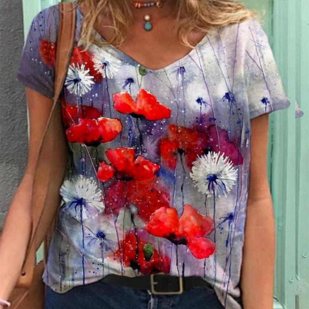 New Women Fashion V Neck Slim Fit Short Sleeve Pullover 3D Flowers Print Plus Size Casual T Shirt Tops S-5XL