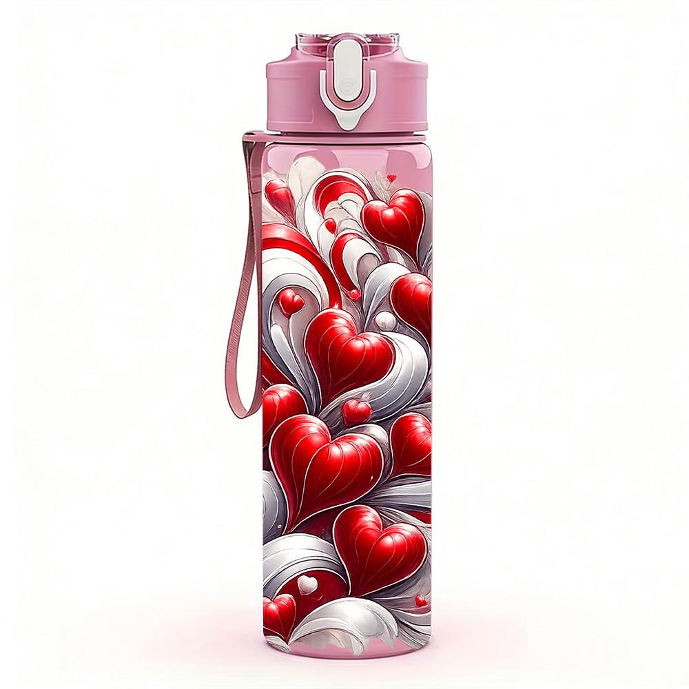 1PC Red White Heart Rose Abstract Print 750ml Color Plastic Sports Water Bottle Leakproof Flip Straw Lid Suitable for Sports Office Home Use
