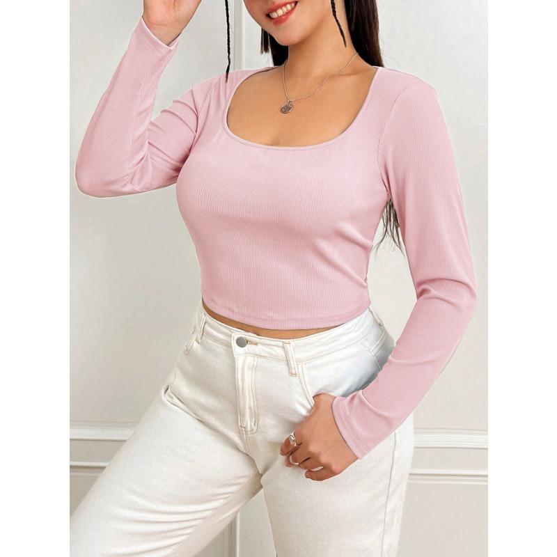 

Женская однотонная футболка с длинным рукавом и U-образным воротником. Удобный дышащий короткий топ. Стильная базовая футболка больших размеров. Темпераментная одежда для поездок на работу. 3XL розовый