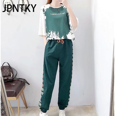 JPNTKY Set Sportivo Casual da Donna, Pantaloni Lunghi Haren Estivi Larghi, Maniche Corte, Set Due Pezzi per Studenti