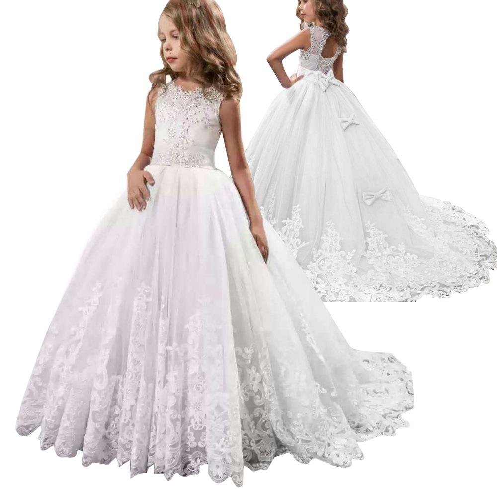 Elegantes Prinzessinnenkleid mit Puffärmeln und Spitze für Mädchen - Formelles Hochzeits-Blumenmädchenkleid mit Schleppe