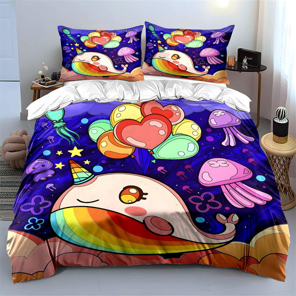 Colorful Narwhal Fantasy Theme Bedding Set Exquisite Three-Piece Bedding Set Gift For Kids And Adults
