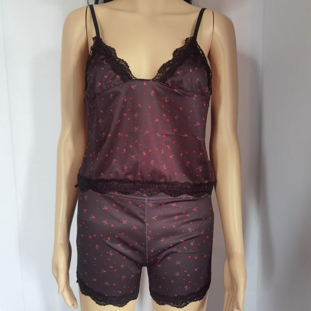 European & American Floral Lace Camisole and Shorts Pajama Set