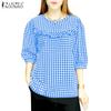 ZANZEA Women Summer Round Neck 3/4 Sleeve Plaid Blouses
