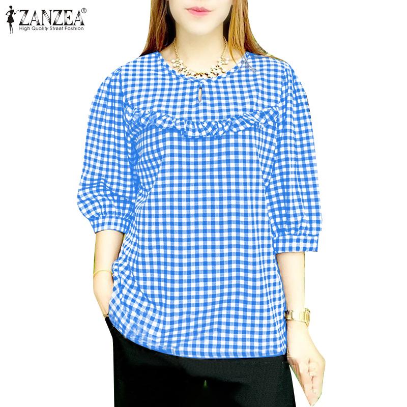 ZANZEA Women Summer Round Neck 3/4 Sleeve Plaid Blouses