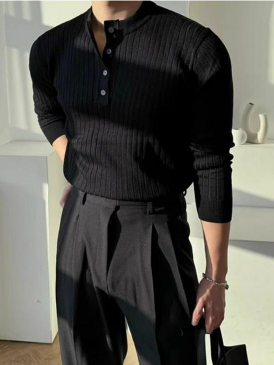 

Korean Style Henley Collar Stripe Knit Sweater - Slim Fit Autumn/Winter Layer 2XL чорний