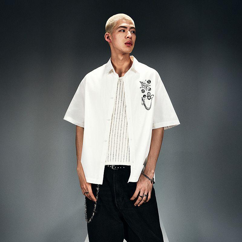 

HM Men s Clothing Shirts 2025 Summer New Back Print Lapel American Loose Short sleeve Shirt 1271805 White L(175/108)