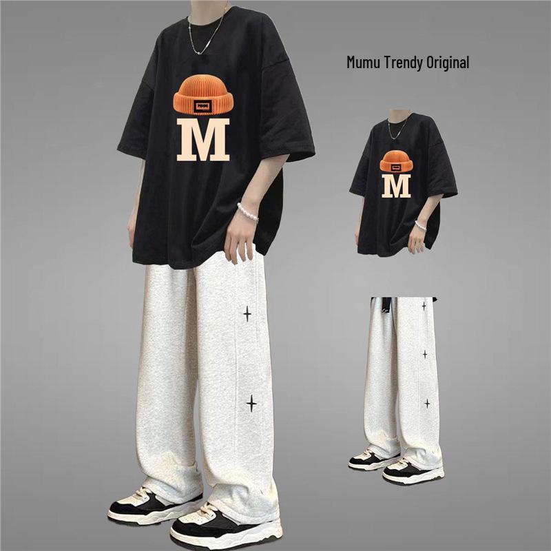 Men's Stylish Hong Kong Summer Outfit: Star Print Short Sleeve Top & Straight Leg Long Pants with Hat