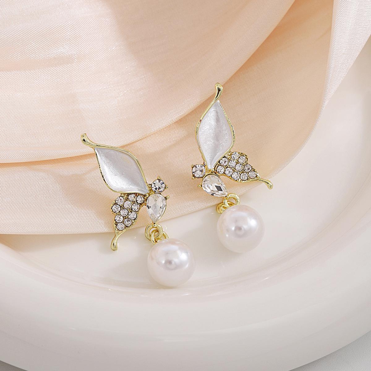

White Butterfly Pearl Earrings with Diamonds - Light Luxury Korean Style