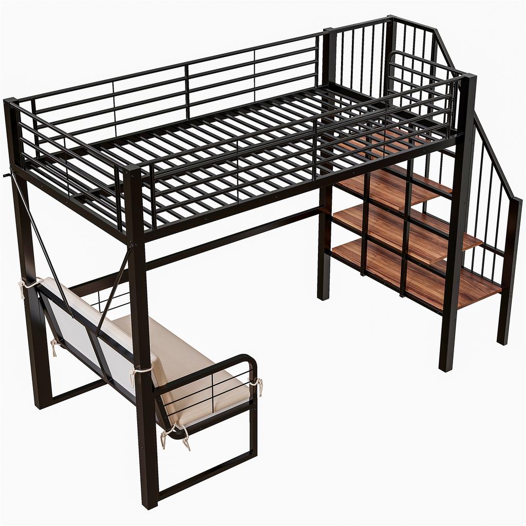 Etagenbett (90 x 200) mit stabilem Metallrahmen, abnehmbarem Polstersofa, Stauraum und Sicherheitstreppe. Geeignet für Kinder und Erwachsene. Schwarz.